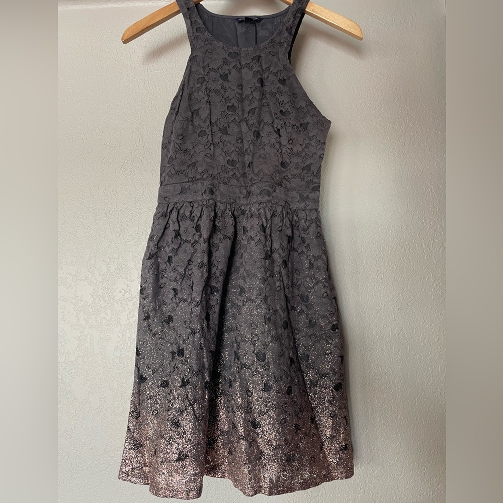 American Eagle grey laced dress with glittery gold bottom